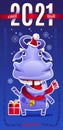 Cartoon Cool Bull in Santa hat with christmas gift. Chinese Happy new year 2021