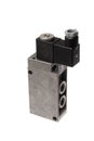Steel alloy pneumatic solenoid 5/2 switch valve with its outputs in front, with the magnetic coil. Isolated on white background