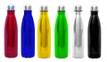 Steel or aluminium thermo water bottles. Red, blue, green, yellow, black and aluminum reusable metal bottle Royalty Free Stock Photo