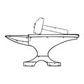 Steel anvil with hammer, forge workshop. Line art style vector