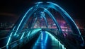 Steel arches curve over bright city streets, glowing with nightlife generated by AI