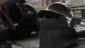 Steel armour and helmet with chain mail facemask prepared by warrior for Crusade