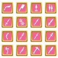 Steel arms items icons set pink square vector