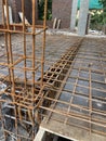 Steel bar rebar metal framework reinforcement for concrete at construction site.