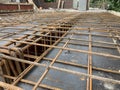 Steel bar rebar metal framework reinforcement for concrete at construction site.