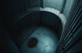 Steel bars create a dark prison cell interior. A circular grate is on the concrete floor. The sterile, empty space implies Royalty Free Stock Photo