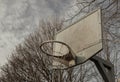 Steel basketball backboard with the hoop metal ring and steel chain net against branches and sky Royalty Free Stock Photo