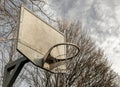 Steel basketball backboard with the hoop metal ring and steel chain net against branches and sky Royalty Free Stock Photo