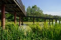 Steel beam bridge over river in sunny summer afternoon