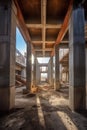 steel beams and concrete blocks stacked at site