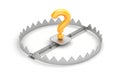 Steel bear trap with orange question symbol Royalty Free Stock Photo