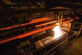 Steel Billets at Torch Cutting. Hot billet bloom continuous casting, also called strand casting Royalty Free Stock Photo