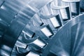 Steel blades of turbine propeller. Close-up view. In B/W. Selected focus on foreground, engineering technology concept