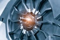 Steel blades of turbine propeller. Close-up view. Selected focus on foreground, engineering technology concept