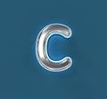 Steel brassy font with white outline and blue backlight - letter C isolated on blue background, 3D illustration of symbols