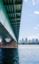 Steel bridge across river leading to downtown Montreal, Quebec, Canada