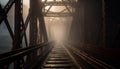 Steel bridge spans vanishing point over tranquil water generated by AI