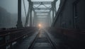 Steel bridge vanishing into the foggy night generated by AI