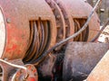 Steel cable on old forestry tractor close up