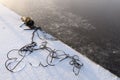 Steel wire rope and chain in snow Royalty Free Stock Photo