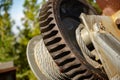 Steel cable and winch. Part of an old winch with a steel rope on a lift. Detail of the cableway. Close-up view of steel Royalty Free Stock Photo