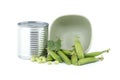 Steel can and fresh garden peas isolated on white Royalty Free Stock Photo