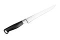 Steel carving knife with black plastic handle white background isolated closeup, big metal chef knife, paring knife, butcher knife