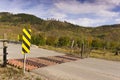 Steel cattleguard in road with warning sign