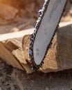 Steel chain chainsaw. sawing firewood outdoors