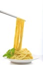 Steel chopstick holding chinese yellow eggs noodle on white disk Royalty Free Stock Photo