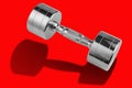 Steel chrome dumbbell as if bouncing, casting a shadow, concept on red background