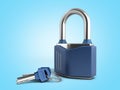 Steel clasic lock with keys 3d render on blue gradient