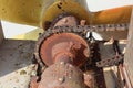 Steel cogs and chains for rotating propellers, ship propellers, old ship engines. Royalty Free Stock Photo