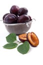 Steel colander with ripe plums, whole and half ripe plums with leaf isolated on a white background