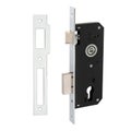 Steel-colored narrow-profile mortise lock with classic rectangular bolt latch