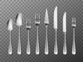 Steel Cutlery, knife, fork and spoon in realistic style. Cutlery set design isolated. Vector illustration Royalty Free Stock Photo