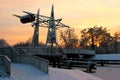 Steel drawbridge with snow cover on a canal in northern of Germany