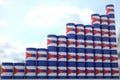 Barrels with flag of Cuba form rising chart or upwards trend. Oil industry success concept, 3D rendering