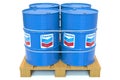 Steel drums or industrial barrels with CHEVRON CORPORATION logo ready for transportation on the pallet, editorial 3D