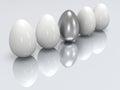 Steel egg in a row of the white eggs. 3D. Royalty Free Stock Photo