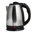 Steel electric kettle on a black stand with a black handle on a white background. macro. side view