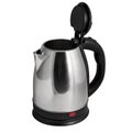Steel electric kettle on a black stand with an open lid on a white background. macro. side view