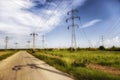 Steel electricity pylon on bright blue sky