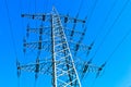 Steel electricity pylon under bright blue sky