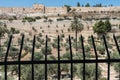 Steel fence in the Kidron Valley,  separating the Temple Mount from the Mount of Olives in Jerusalem, with Jewish graveyard and Royalty Free Stock Photo