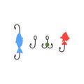 Steel fish hooks set in various shapes, flat isolated vector illustration.