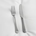 Steel fork and knife are placed side by side on a smooth white tableclot Royalty Free Stock Photo