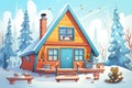 steel a-frame cabin against winter background, magazine style illustration