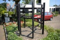 Steel framework with the tasks for freedom on Moerkapelle\'s Town Hall Square