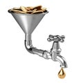 Steel funnel with golden pile coins and faucet and drop.